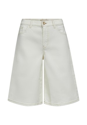 Vyötäröltä korkeat, leveälahkeiset valkoiset farkkushortsit, joissa on etunappi, vetoketju, vyölenkit ja etutaskut.