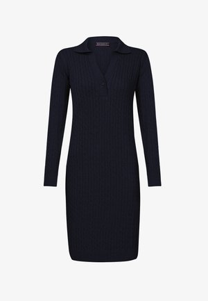 Robe en tricot torsadé bleu marine avec des manches longues et un col, dotée d'une fermeture à boutons sur le devant et d'une silhouette ajustée.
