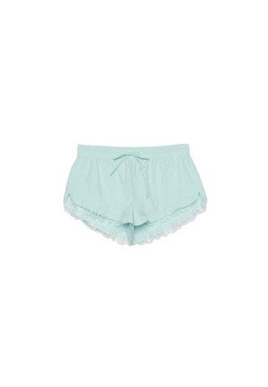 Shorts pour femmes bleu clair avec taille élastique, cordon de serrage et bordure en dentelle le long de l'ourlet, affichés sur un fond blanc.