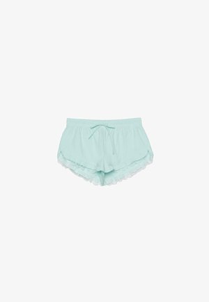 Shorts pour femmes bleu clair avec taille élastique, cordon de serrage et bordure en dentelle le long de l'ourlet, affichés sur un fond blanc.