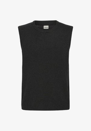 Mouwloze gebreide trui in donkergrijs, met een ronde halslijn en een zachte textuur. Eenvoudig ontwerp zonder zichtbare patronen of accenten.