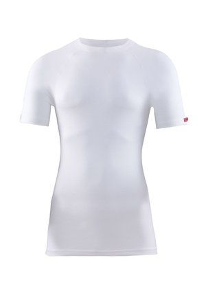 Kurzärmliges weißes Baumwollhemd mit rundem Ausschnitt, das über ein geripptes Bündchen und ein kleines Logoschild am linken Ärmel verfügt. Glatte Textur.