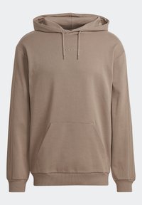 Brun hoodie av mjukt tyg, med känguruficka, dragsko i huvan och diskreta logodetaljer. Slät yta med ribbade muddar.