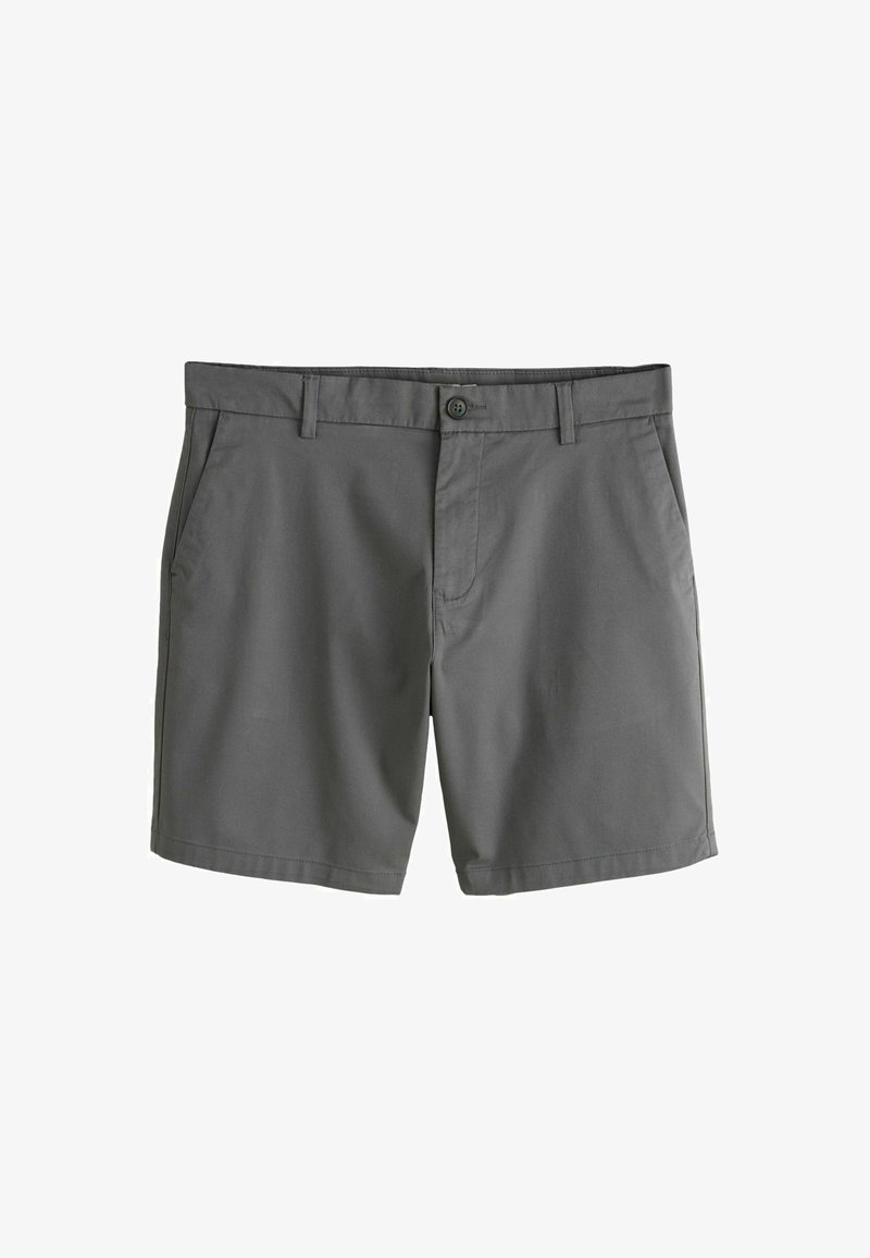 Donkere grijze, effen shorts met rugpand, riemlussen, zijkanten zakken, een knoopsluiting en een ritsvlieg, getoond op een witte achtergrond.