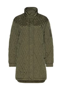 Quilted olivgrüne Jacke mit hohem Kragen, langen Ärmeln, elastischen Bündchen und einer mit Reißverschluss versehenen Tasche am linken Arm. Leichtes Material.