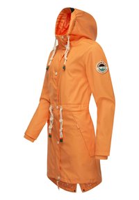 Orange raincoat with a hood, drawstring ties, snap buttons, and logo patch on the sleeve. Made from waterproof material.