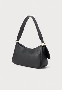 Black textured leather shoulder bag with wide strap and gold-tone metal rings on a plain light background.