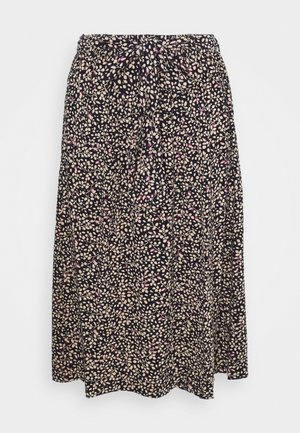 Black midi skirt with a floral pattern in cream and pink. Features an elastic waistband and soft fabric. Flowy design and ankle length.