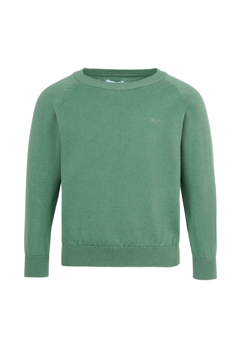 Pull en tricot vert clair avec un col rond, des manches longues et des poignets et un ourlet côtelés. Présente un branding discret à l'avant.