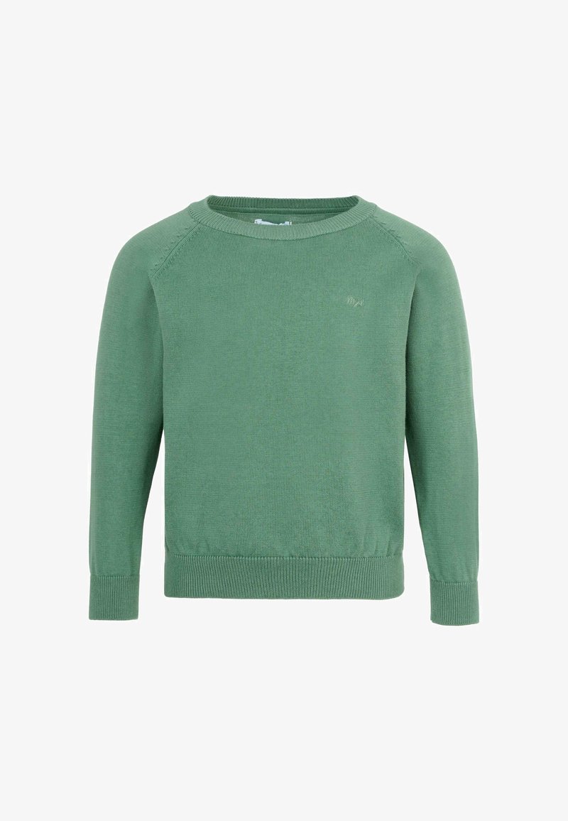 Maglione lavorato a maglia di colore verde chiaro con collo a giro, maniche lunghe e polsini e orlo a costine. Presenta un logo discreto sulla parte anteriore.