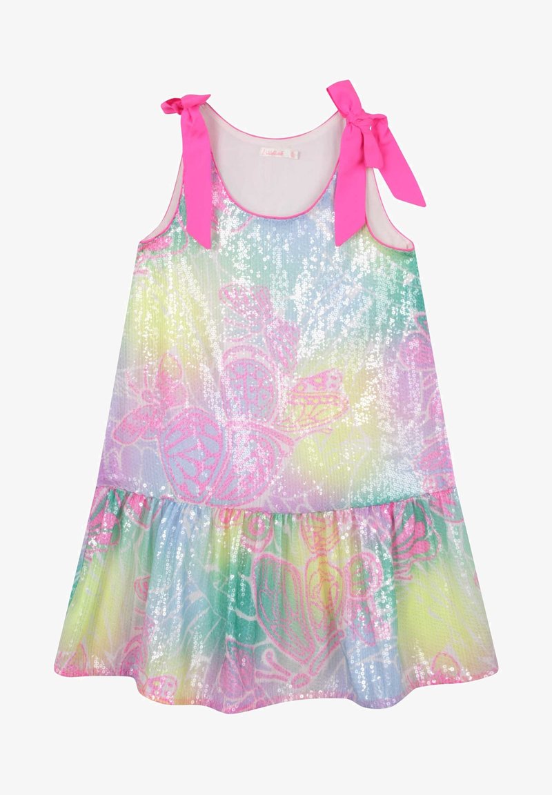 Robe avec motif de papillons pastel, ornée de sequins sur toute sa surface, et nœuds papillons rose vif sur les bretelles.