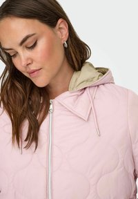 Hellrosa gesteppte Daunenjacke mit beigefarbener Kapuze, Reißverschluss vorne und Kordelzügen. Verfügt über eine weiche, glatte Textur.