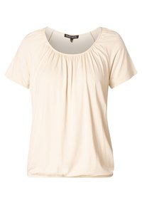 Short-sleeved, cream-colored women's blouse with a gathered neckline, soft fabric, and a slightly loose fit for comfort.