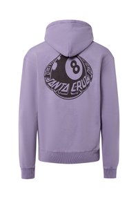 Lichtpaarse hoodie met een grote zwarte grafische afbeelding van een poolbal met het nummer 8, en de tekst "SANTA CRUZ" in een cirkelontwerp.