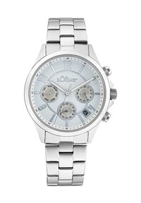 Zilveren roestvrijstalen horloge met een lichtblauwe wijzerplaat, drie subwijzers en datumaanduiding. Heeft een metalen armband en een ronde kast.