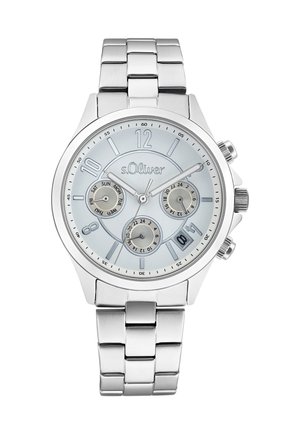 Silberner Edelstahl-Uhr mit einem hellblauen Zifferblatt, drei Hilfszifferblättern und Datumsanzeige. Verfügt über ein metallisches Armband und ein rundes Gehäuse.