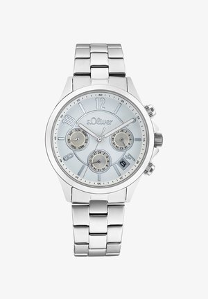 Silberner Edelstahl-Uhr mit einem hellblauen Zifferblatt, drei Hilfszifferblättern und Datumsanzeige. Verfügt über ein metallisches Armband und ein rundes Gehäuse.