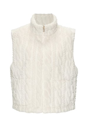 Witte mouwloze fleece bodywarmer met hoge kraag en ritssluiting aan de voorkant, met een gestructureerd kabelgebreid patroon.