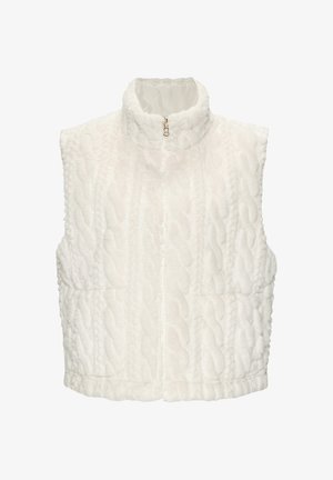 Witte mouwloze fleece bodywarmer met hoge kraag en ritssluiting aan de voorkant, met een gestructureerd kabelgebreid patroon.