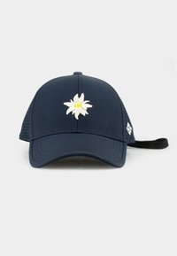 Navy baseball cap with embroidered white daisy on the front. Mesh side panels, curved brim, and adjustable strap at the back.