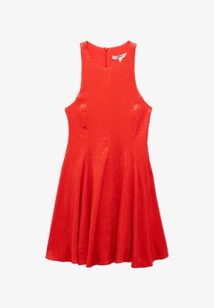 Rotes ärmelloses Kleid aus strukturiertem Stoff, mit schwingendem Rock und Pailletten an den Schultern. Verborgener Reißverschluss am Rücken für den Verschluss.