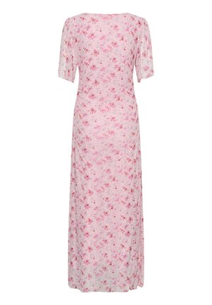 Rochie midi florală roz, cu mâneci scurte și talie strânsă, având un model mic de flori răsfirate în tonuri de roșu și gri.