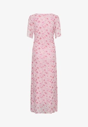 Rochie midi florală roz, cu mâneci scurte și talie strânsă, având un model mic de flori răsfirate în tonuri de roșu și gri.