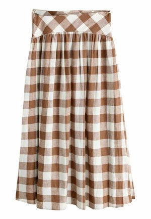 Barna-fehér nagy kockás, magas derekú midi szoknya ráncolt derékkal és A-vonalú sziluettel.