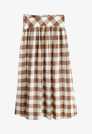 Barna-fehér nagy kockás, magas derekú midi szoknya ráncolt derékkal és A-vonalú sziluettel.