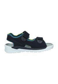 Black sports sandal with two adjustable straps, teal accents, and a white textured rubber sole, featuring an open toe design.