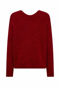 Piros, oversized pulóver, hosszú ujjaival, kerek nyakkivágással és puha, texturált anyagból. Egyszerű design, látható minták vagy díszítések nélkül.