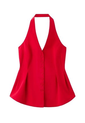 Top rosso con collo halter, corpino aderente, orlo svasato e sei bottoni frontali. Realizzato in tessuto liscio con finitura opaca.