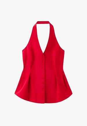Top rosso con collo halter, corpino aderente, orlo svasato e sei bottoni frontali. Realizzato in tessuto liscio con finitura opaca.