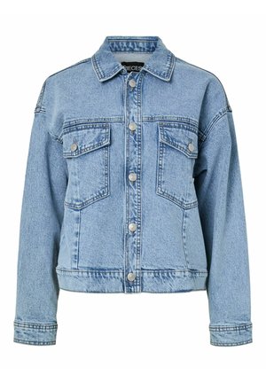 Lyseblå denimjakke med knappelukking foran, to brystlommer med klaff, lange ermer og spiss krage.