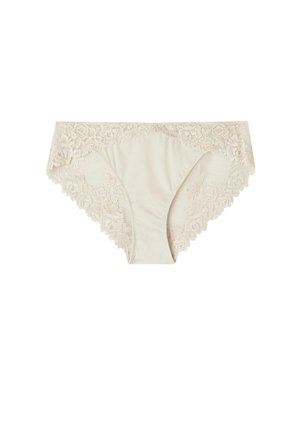 Lace-trimmed beige panties with a smooth fabric center and floral lace accents on the sides. Soft texture, mid-rise design.