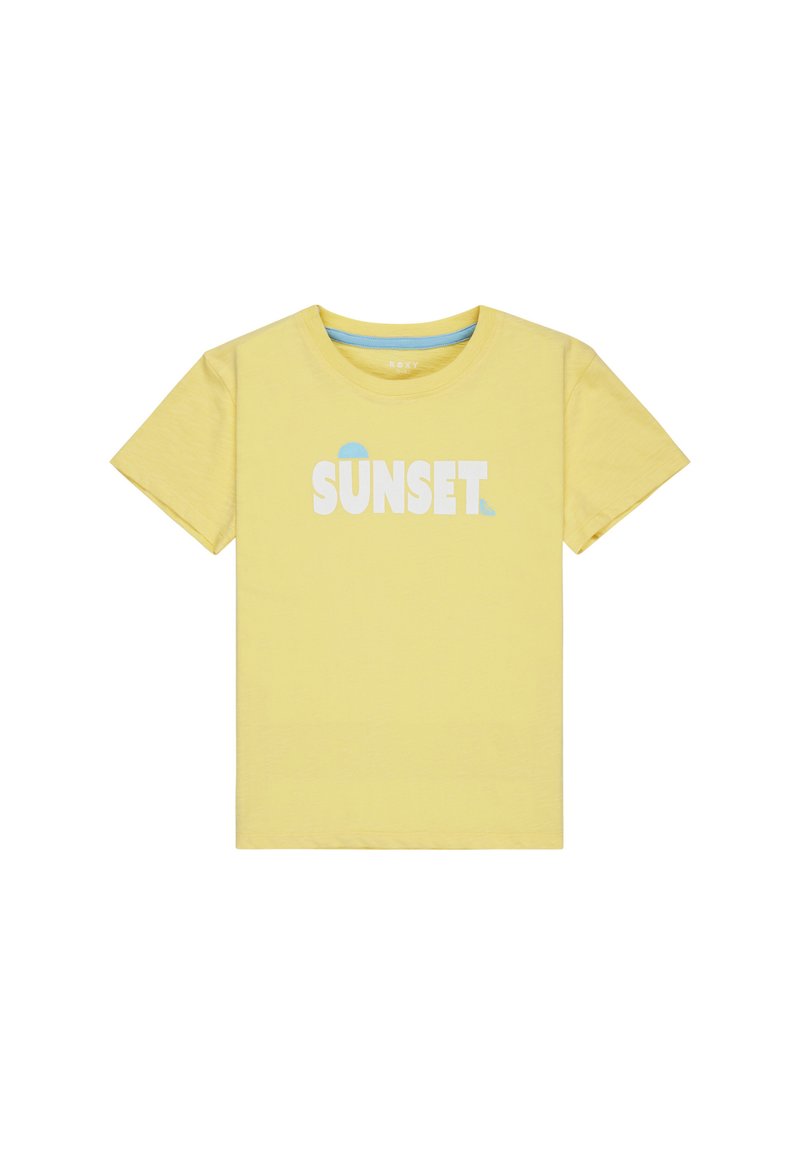 Žluté bavlněné tričko s bílou grafikou "SUNSET." a světle modrými akcenty, kulatým výstřihem a krátkými rukávy. Měkká textilie.