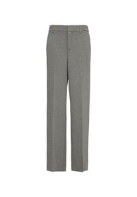 Pantalons gris en tissu doux, avec une coupe droite, une taille et des détails de couture subtils. Coupe standard pour plus de polyvalence.