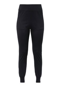 Pantalones deportivos negros hechos de tela elástica, con una cinturilla ancha, dos bolsillos frontales y puños ajustados en los tobillos.
