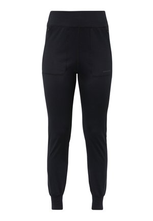 Pantaloni sportivi neri realizzati in tessuto elastico, con una vita alta, due tasche frontali e polsini affusolati alla caviglia.