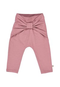 Pink cotton leggings with a gathered bow detail at the waist, featuring a soft texture and tapered legs with a tag on one side.
