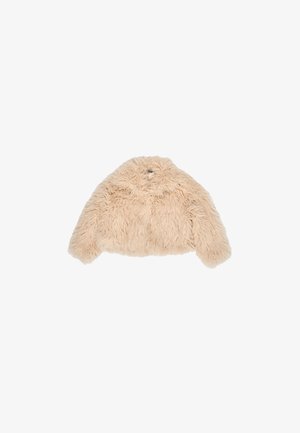 Beige faux fur korte jas met een fluffy textuur, ronde kraag en lange mouwen. Geen zichtbare sluitingen of patronen.