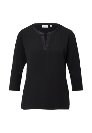 Tunica nera con maniche a tre quarti, scollo a V con bordatura in satin, texture liscia e vestibilità rilassata, progettata per comfort e versatilità.