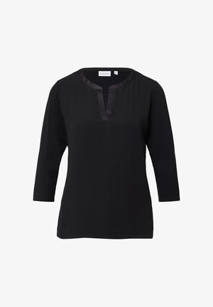 Zwarte tuniek met driekwart mouwen, v-hals met satijnen afwerking, gladde textuur en een relaxte pasvorm, ontworpen voor comfort en veelzijdigheid.