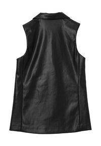 Svart läder väst utan ärmar med en spetsig krage och en slät yta, med rak skärning och utan synlig hårdvara eller detaljer.