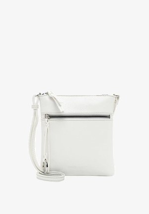 White leather crossbody bag with textured finish, top zipper closure, front zip pocket, and adjustable strap. Features logo at base.