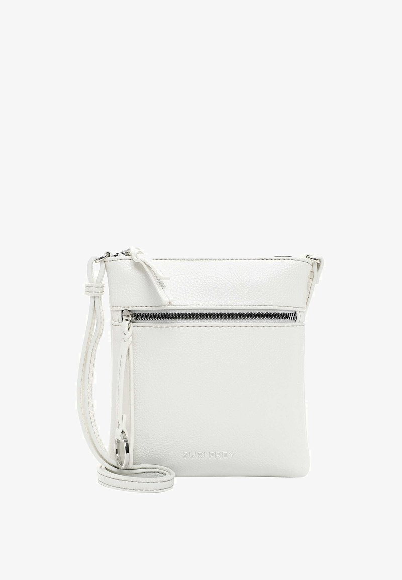 Borsa a tracolla bianca in pelle con finitura texturizzata, chiusura superiore con zip, tasca anteriore con zip e tracolla regolabile. Presenta il logo alla base.