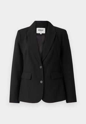 Mustriga must blazer, millel on viltu lõikega krae, ühe nööbiga disain, kaks eesmist taskut ja kaks musta nööpi. Sile materjal, mis sobib kehasse.