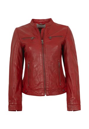 Red leather jacket with a slightly glossy finish, featuring zippered chest and side pockets, a fitted collar, and tailored sleeves.