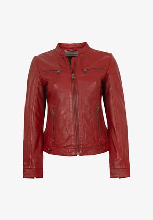 Rote Lederjacke mit leicht glänzender Oberfläche, ausgestattet mit einem Reißverschluss an der Brust und seitlichen Taschen, einem taillierten Kragen und maßgeschneiderten Ärmeln.