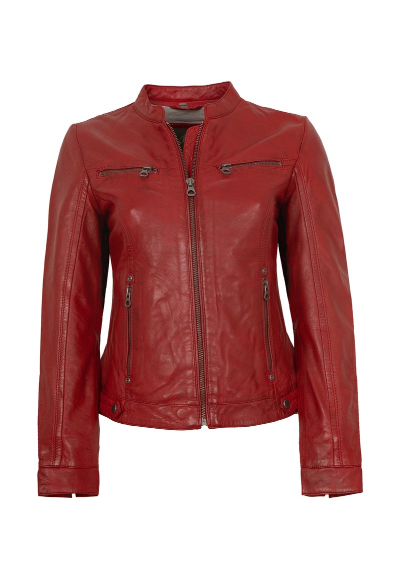 Rote Lederjacke mit leicht glänzender Oberfläche, ausgestattet mit einem Reißverschluss an der Brust und seitlichen Taschen, einem taillierten Kragen und maßgeschneiderten Ärmeln.